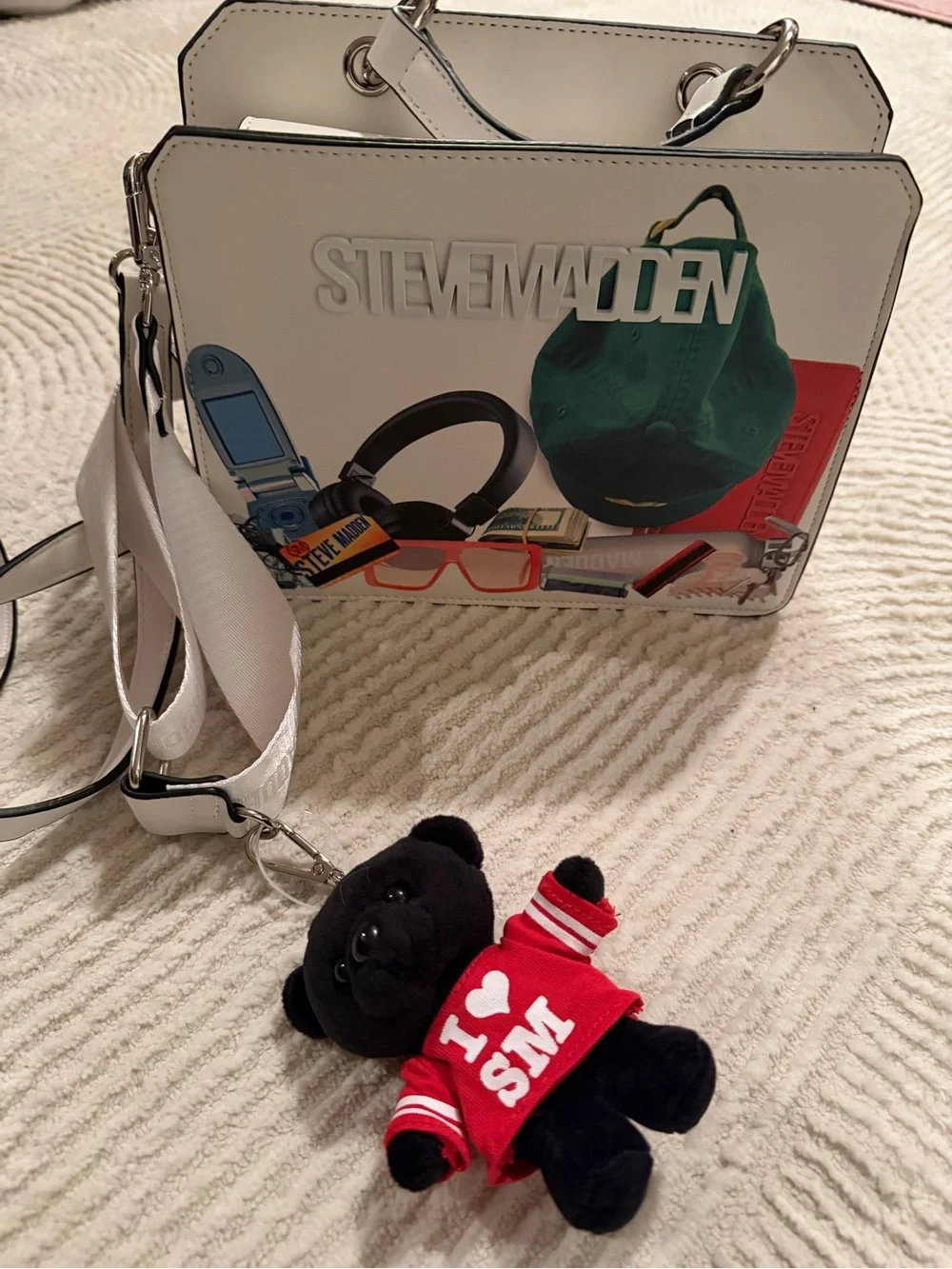 Steve Madden White Kids Graphic Crossbody Bag with Red Accent